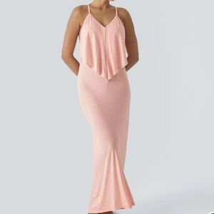 ◇ Halara V-Neck Tie Back Ruched Maxi Slip Dress Pink Size Large